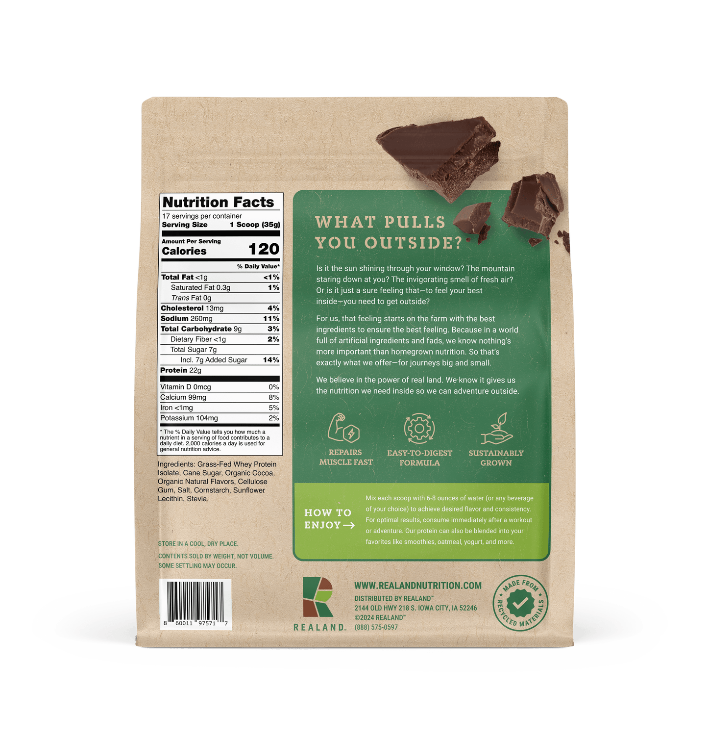 Realand Nutrition - Recovery. Grass-Fed Whey Protein Isolate in Chocolate